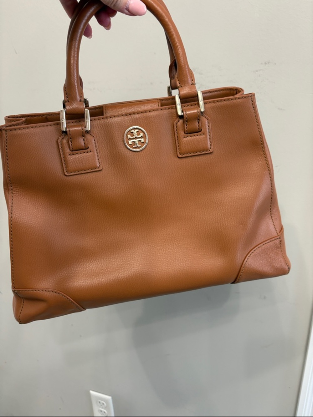 Tory Burch Dark Tan Leather Double-Handle Satchel with Gold Logo